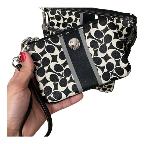 Coach 3 Piece Set F43893 Black White Heritage Signature Swing Pack Bag Wristlet - Picture 12 of 15